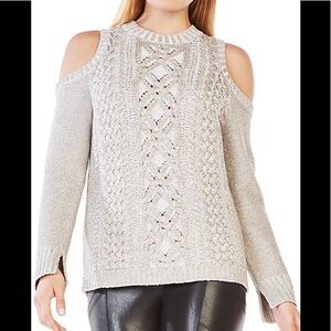 BCBGMaxAzria Cold Shoulder Champagne, Cream & Silver Metallic Arlene Sweater
